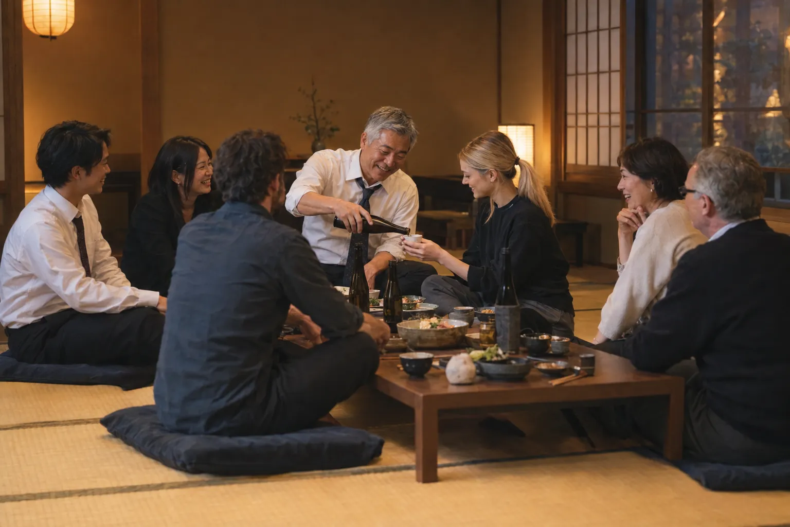 Ein Team sitzt abends in einem Tatamiraum um einen niedrigen Tisch, ein älterer Kollege schenkt einer jungen Kollegin Sake nach. (Bild mit KI erzeugt)