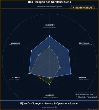 Hexagon-Grafik mit zwei Profilen: dem blauen Caretaker-Typ und dem goldenen ergebnisorientierten Führungsprofil auf den sechs Achsen des Caretaker-Gens