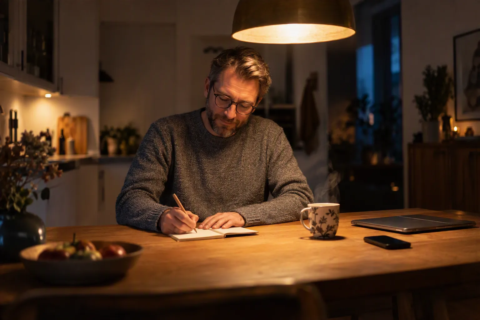 Ein Mann schreibt abends am Küchentisch unter einer warmen Lampe in ein kleines Notizbuch, der Laptop ist zugeklappt. (Bild mit KI erzeugt)